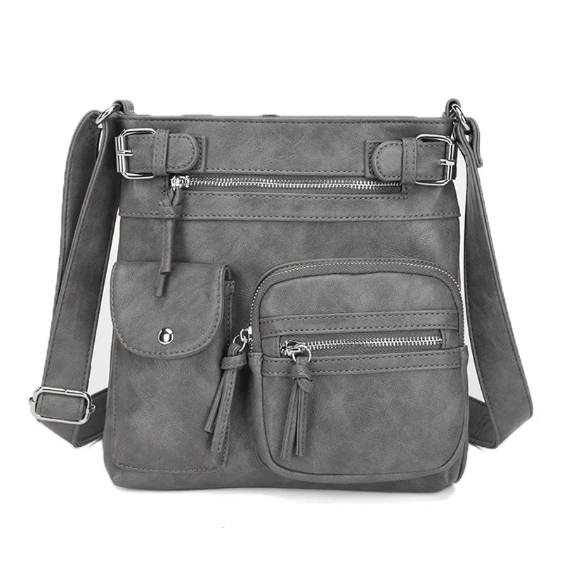 Graue Damen-Crossbody-Tasche, PU-Leder, multifunktional, modisch, mit Reißverschlusstaschen.