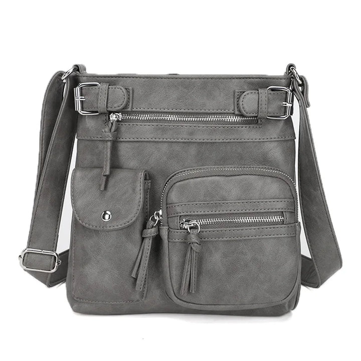 Graue Damen-Crossbody-Tasche, PU-Leder, multifunktional, modisch, mit Reißverschlusstaschen.