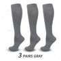 3 Paar graue Kompressionsstrümpfe, knielang, unisex, atmungsaktiv, elastisch.