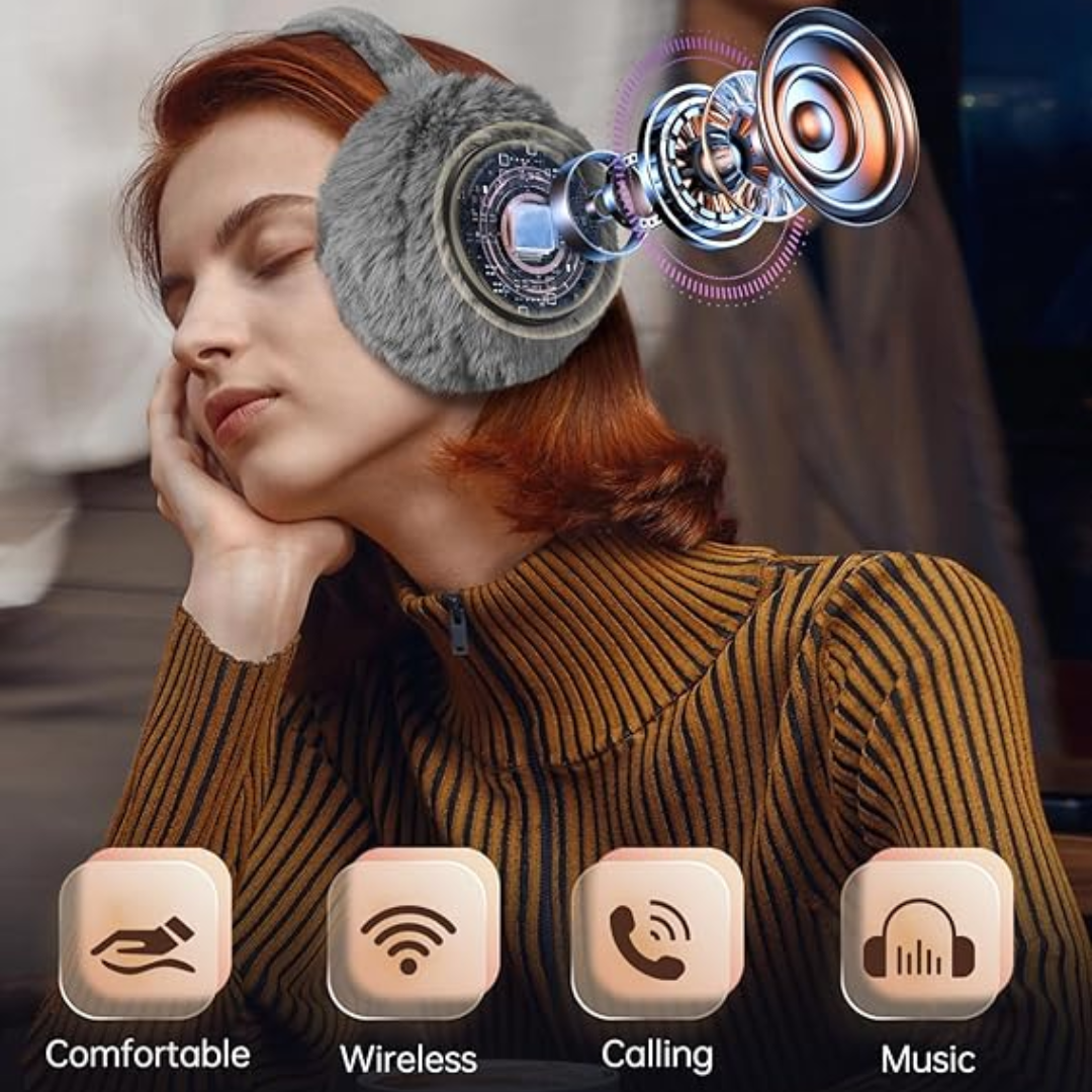 Frau mit grauen, kabellosen Bluetooth-Ohrenschützern, ideal für Musik und Anrufe.