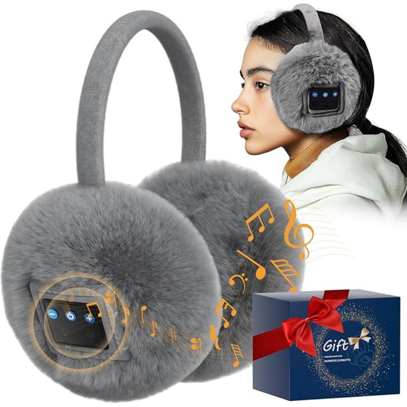Graue Bluetooth-Ohrenschützer mit Musik-Noten, Geschenkbox, kabellose Kopfhörer.