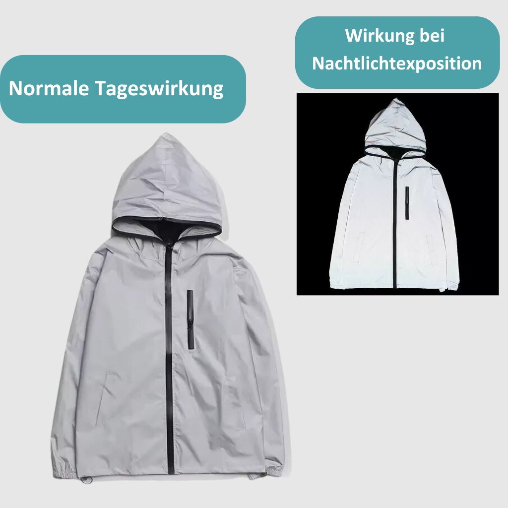 Graue reflektierende Jacke mit Kapuze, Tages- und Nachtlichtwirkung, wasserabweisend.