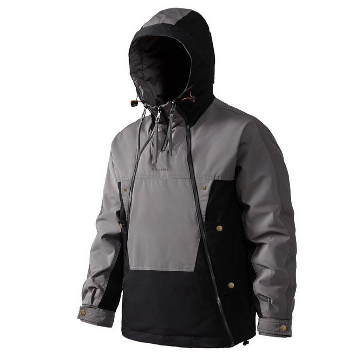 Graue und schwarze Outdoor-Jacke mit Kapuze, wasserabweisend, Herrenmode, funktional.
