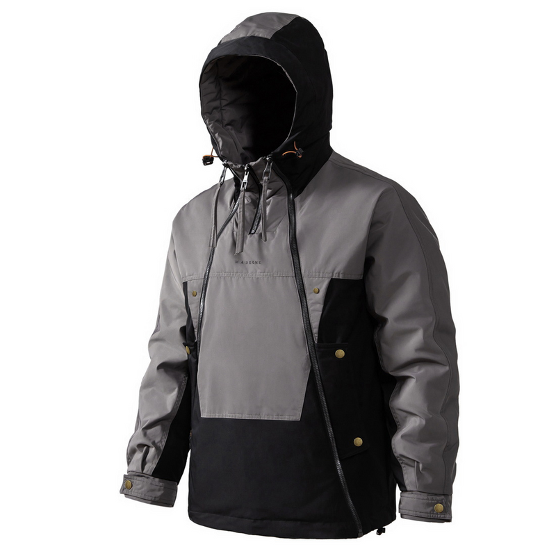 Graue und schwarze Outdoor-Jacke mit Kapuze, wasserabweisend, Herrenmode, funktional.
