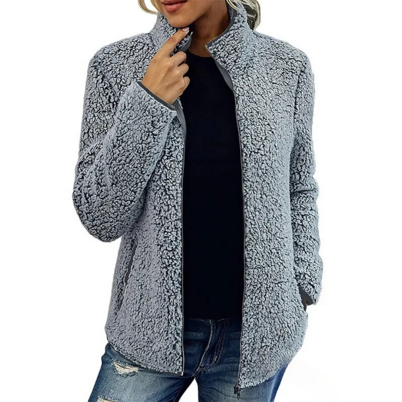 Damen Teddyjacke grau, Reißverschluss, warm, modisch, Winterjacke, Freizeitkleidung, bequem.