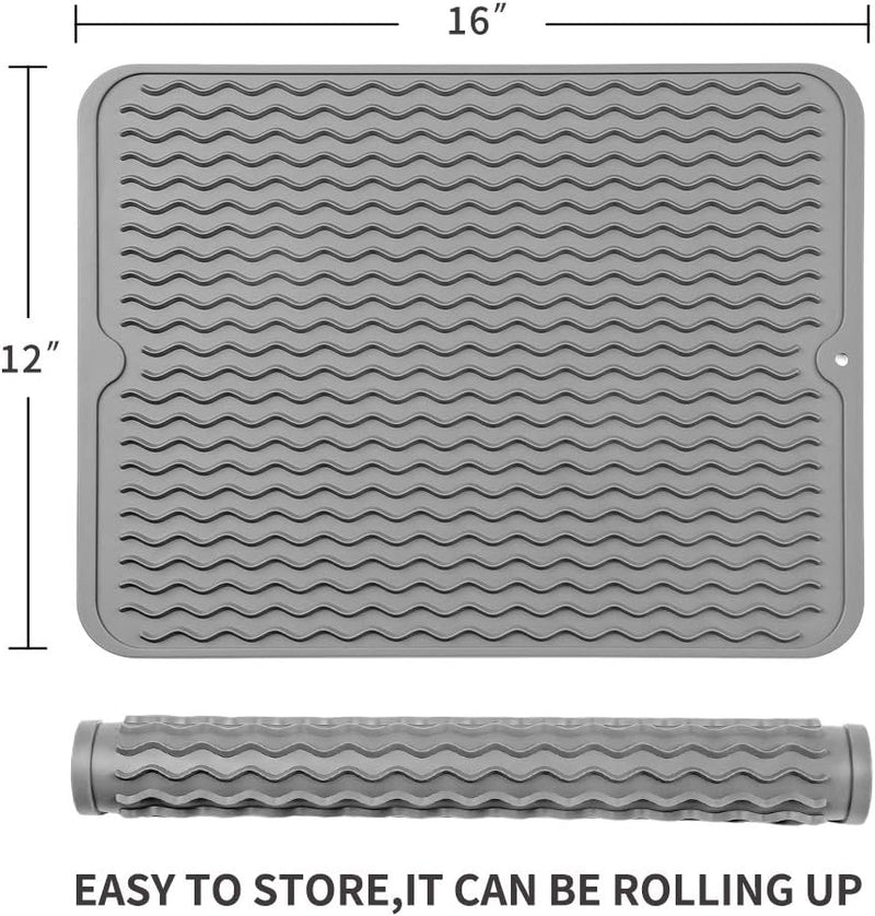 Graue Silikon-Abtropfmatte, 16x12 Zoll, rutschfest, spülmaschinenfest, platzsparend.