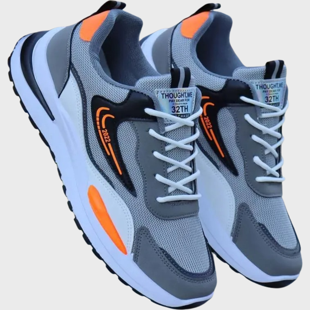 Graue Mesh-Sneaker mit orangefarbenen Akzenten, Sportschuhe, atmungsaktiv, Herrenmode.