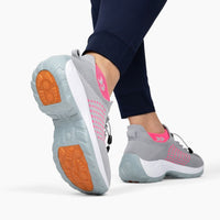 Graue Orthopädische Stretch-Schuhe, pinke Details, rutschfeste Sohle, Damen Sneaker.
