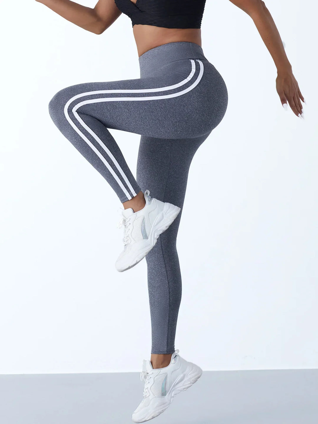 Damen-Sportleggings grau, hohe Taille, weiße Streifen, Fitness, elastisch, bequem.