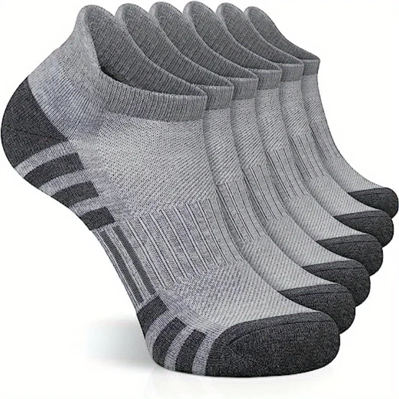 Graue Sportsocken, atmungsaktiv, nahtlos, 6er-Pack, ideal für Fitness und Alltag.