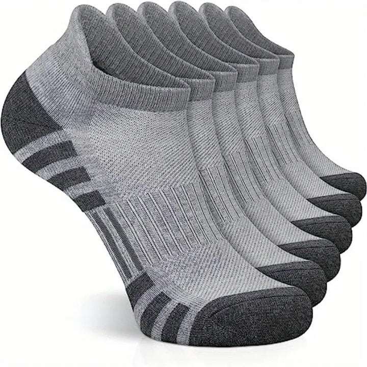 Graue Sportsocken, atmungsaktiv, nahtlos, 6er-Pack, ideal für Fitness und Alltag.
