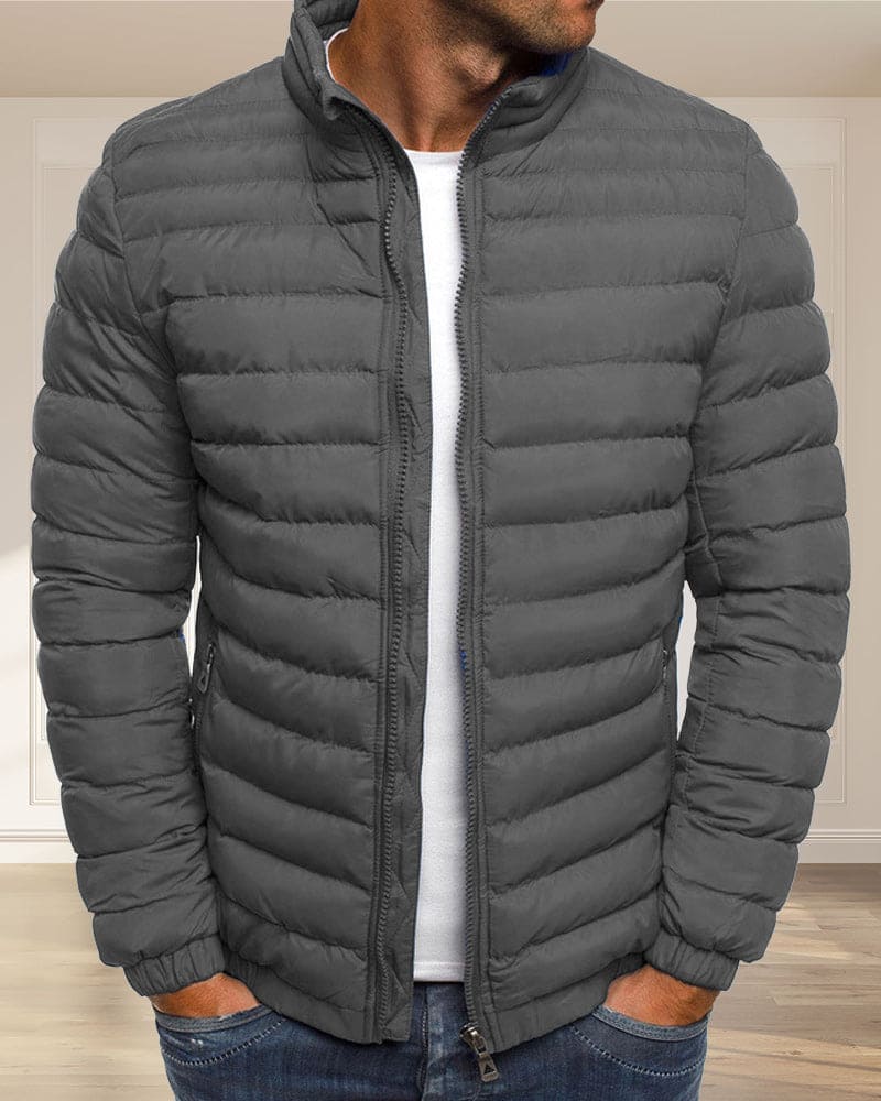 Graue Herren-Daunenjacke, Stehkragen, Reißverschluss, warm, modisch, Winterbekleidung.