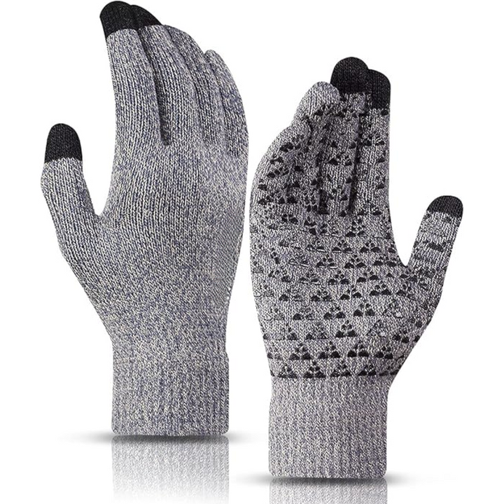 Graue Touchscreen-Handschuhe, rutschfest, gestrickt, für Winter, Smartphone-kompatibel.