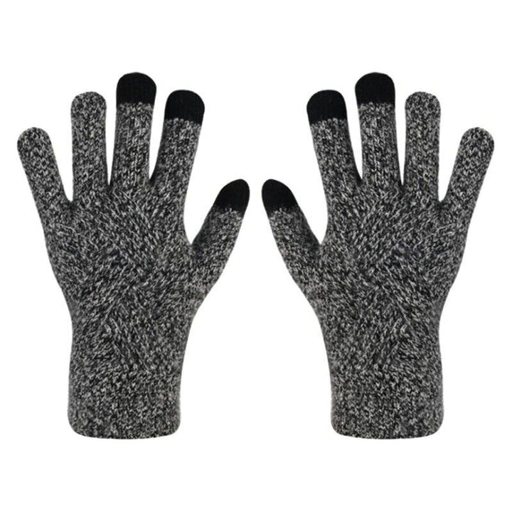 Graue Strickhandschuhe mit schwarzen Fingerspitzen, Touchscreen-kompatibel, Wintermode.