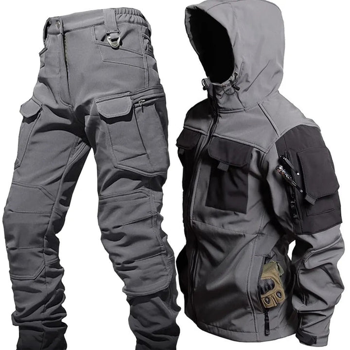Graues taktisches Outdoor-Set, Jacke mit Kapuze und Hose, wasserabweisend, viele Taschen.