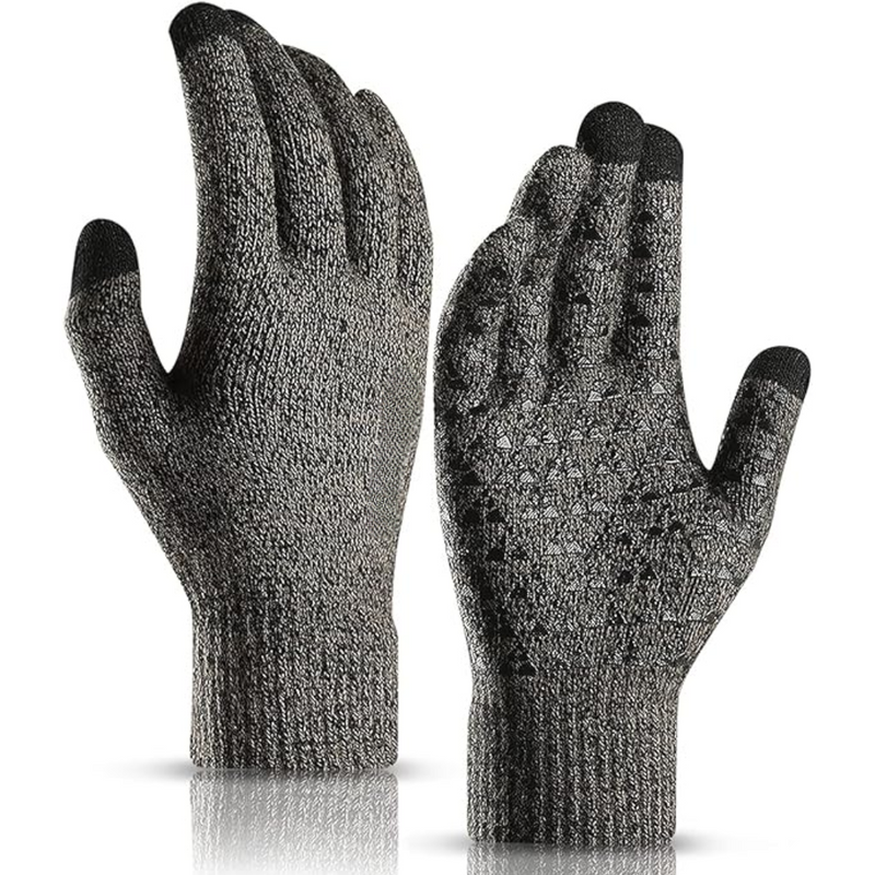 Graue Touchscreen-Handschuhe, rutschfest, gestrickt, für Winter, Smartphone-kompatibel.