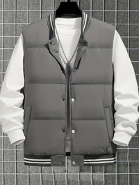 Graue Herren-Steppweste mit weißen Ärmeln, sportlich, modisch, Herbstmode, Herrenbekleidung.