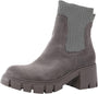 Graue Wildleder-Winterstiefel, klobiger Absatz, elastischer Schaft, Damenmode.