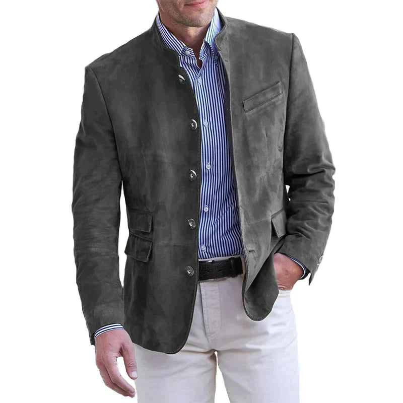 Graue Herren-Lederjacke, Stehkragen, Knopfleiste, elegant, modisch, Freizeitkleidung.