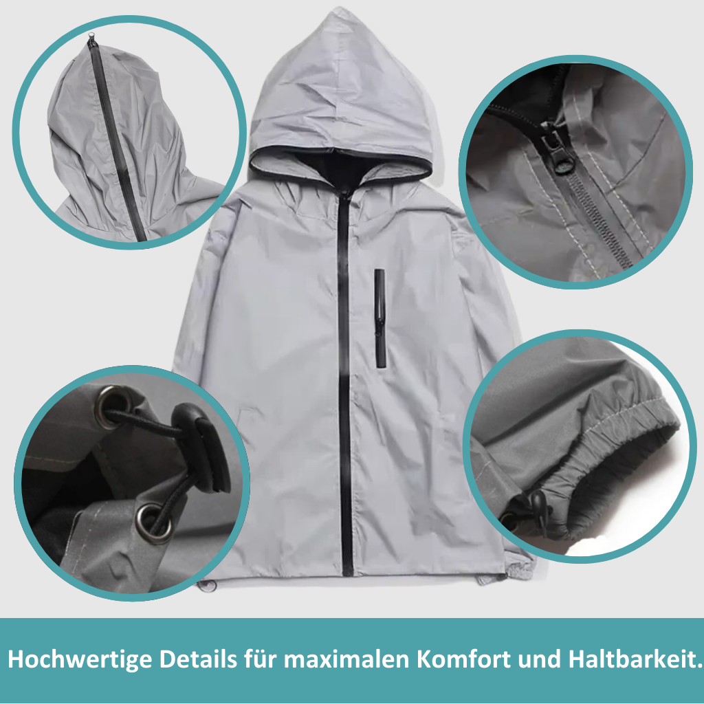 Graue Regenjacke mit Kapuze, wasserdicht, Reißverschluss, Outdoor-Bekleidung, langlebig.