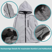Graue Regenjacke mit Kapuze, wasserdicht, Reißverschluss, Outdoor-Bekleidung, langlebig.