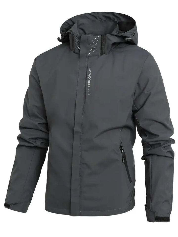 Dunkelgraue Herren-Winterjacke mit Kapuze, wasserdicht, atmungsaktiv, Outdoor-Bekleidung.