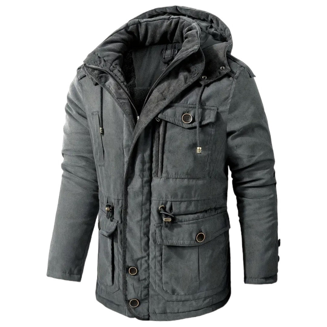 Graue Herren-Winterjacke mit Kapuze, warm, stilvoll, Outdoor-Bekleidung, Taschen, Reißverschluss.