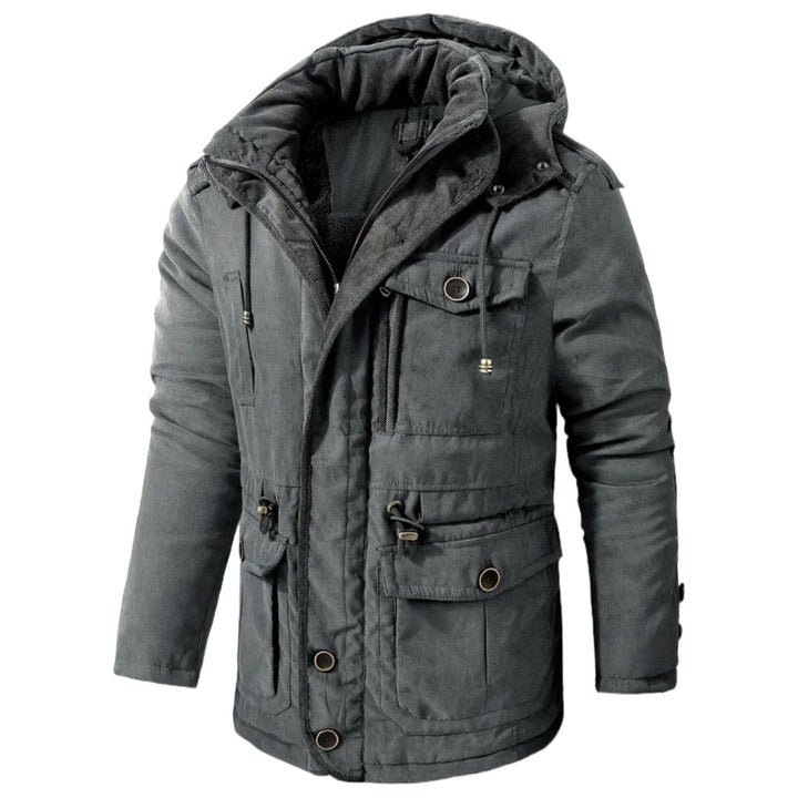 Graue Herren-Winterjacke mit Kapuze, warm, stilvoll, Outdoor-Bekleidung, Taschen, Reißverschluss.
