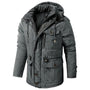 Graue Herren-Winterjacke mit Kapuze, warm, stilvoll, Outdoor-Bekleidung, Taschen, Reißverschluss.