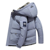 Graue Herren-Winterjacke mit Kapuze, wasserabweisend, warm, modisch, Outdoor-Bekleidung.