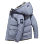 Graue Herren-Winterjacke mit Kapuze, wasserabweisend, warm, modisch, Outdoor-Bekleidung.