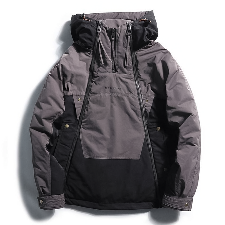 Graue Outdoor-Jacke mit Kapuze, wasserabweisend, Reißverschluss, Unisex, Winterbekleidung.