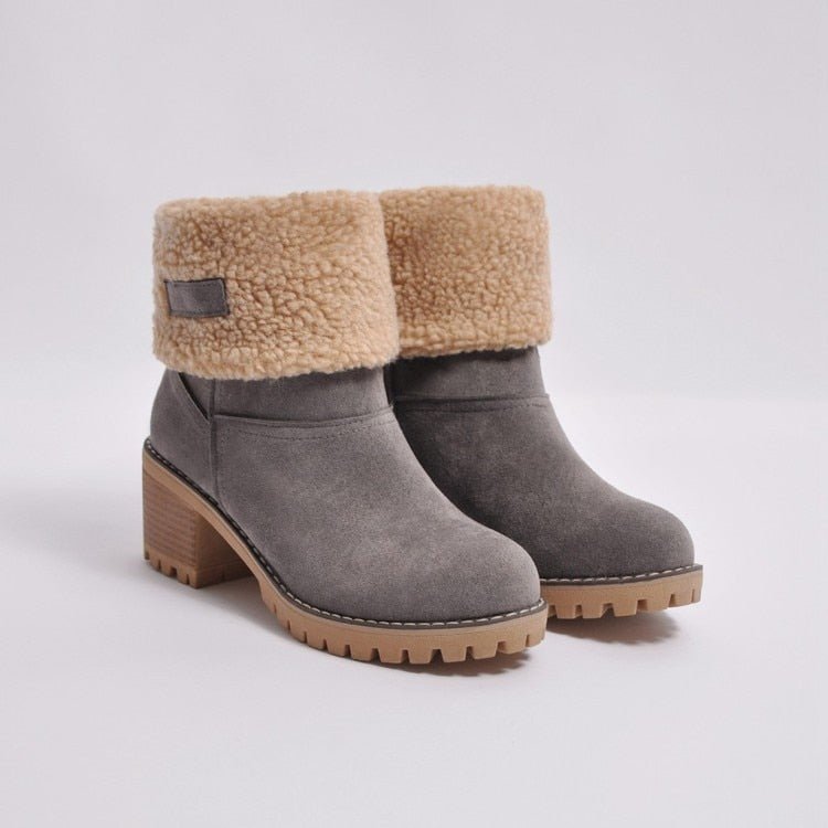 Graue Damen-Winterstiefel mit Absatz, Kunstfellfutter, rutschfeste Sohle, modisch und warm.