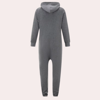 Grauer Einteiler mit Kapuze, langärmelig, gemütlicher Jumpsuit, Unisex, Freizeitkleidung.