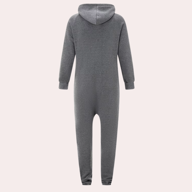 Grauer Einteiler mit Kapuze, langärmelig, gemütlicher Jumpsuit, Unisex, Freizeitkleidung.