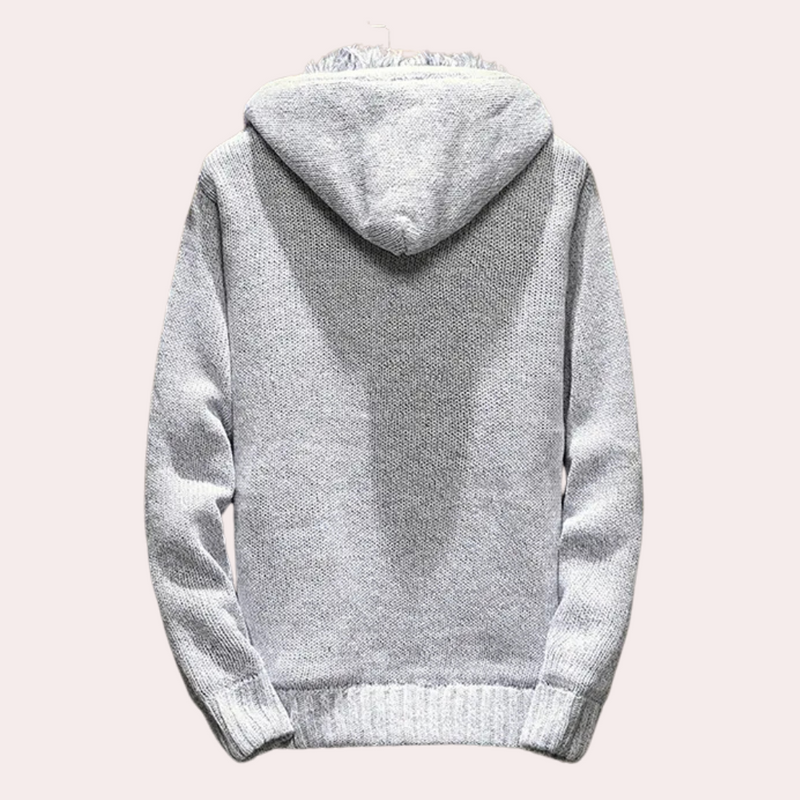 Grauer Kapuzenpullover aus Strickstoff, warm und bequem, ideal für Herbst und Winter.