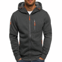 Grauer Herren-Hoodie mit Reißverschluss, Kapuze und orangefarbenen Details, Freizeitmode.