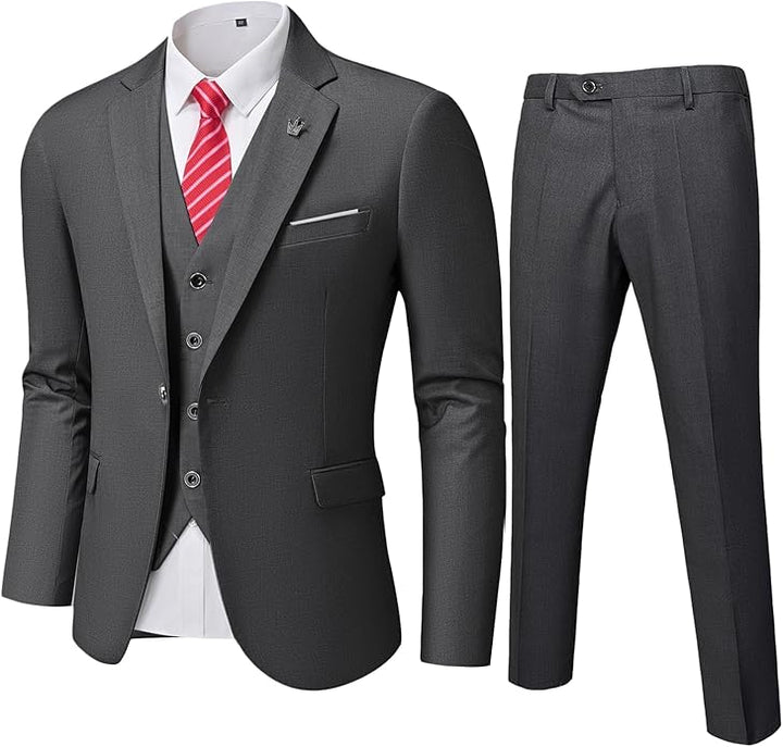 Dunkelgrauer Herrenanzug mit Weste, roter Krawatte, elegantes Business-Outfit, dreiteilig.
