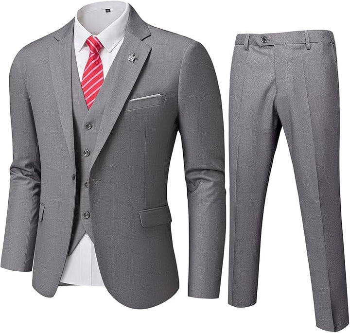 Grauer Herrenanzug mit Weste, roter Krawatte, elegantes Business-Outfit, dreiteiliges Set.