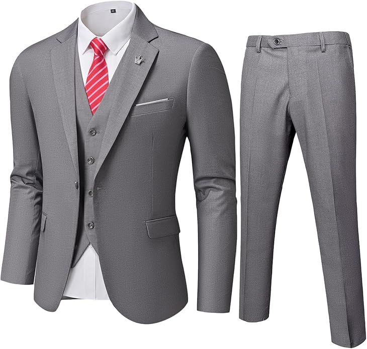 Grauer Herrenanzug mit Weste, roter Krawatte, elegantes Business-Outfit, dreiteiliges Set.