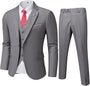 Grauer Herrenanzug mit Weste, roter Krawatte, elegantes Business-Outfit, dreiteiliges Set.