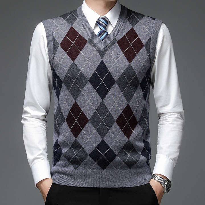 Männer-Pullover Weste, grau, Argyle-Muster, V-Ausschnitt, Business-Look, Baumwolle, elegant.