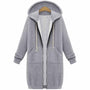 Grauer Kapuzenmantel aus Baumwolle, Reißverschluss, Taschen, lässiger Stil, Damenmode.