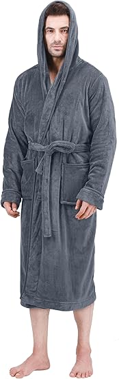 Grauer Herren-Bademantel mit Kapuze, Fleece, weich, warm, ideal für Zuhause und Spa.