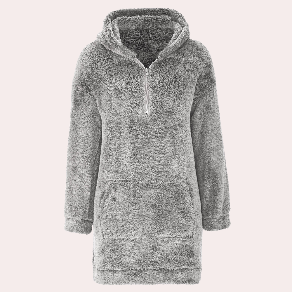 Grauer Damen-Fleece-Hoodie mit Reißverschluss, kuschelig, warm, ideal für kalte Tage.