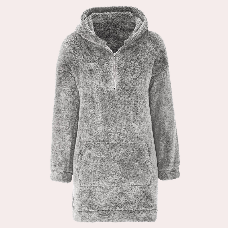 Grauer Damen-Fleece-Hoodie mit Reißverschluss, kuschelig, warm, ideal für kalte Tage.