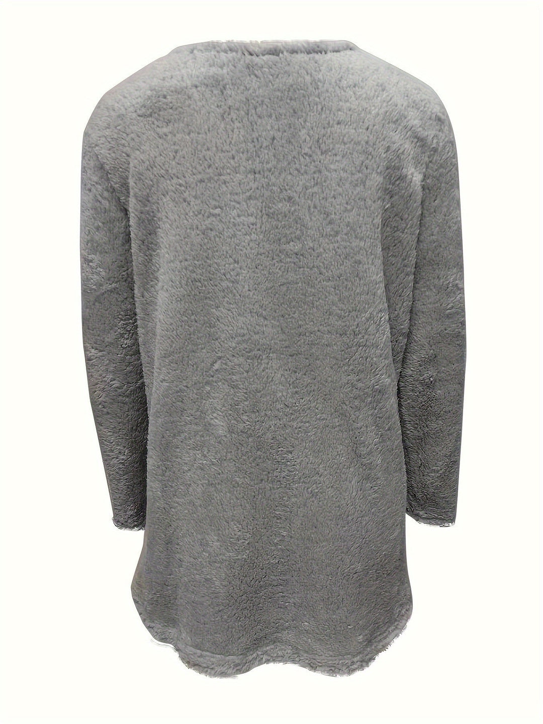 Grauer Fleece-Pullover, langärmelig, weiches Material, gemütlich, Damenmode, Rückansicht.