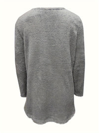 Grauer Fleece-Pullover, langärmelig, weiches Material, gemütlich, Damenmode, Rückansicht.