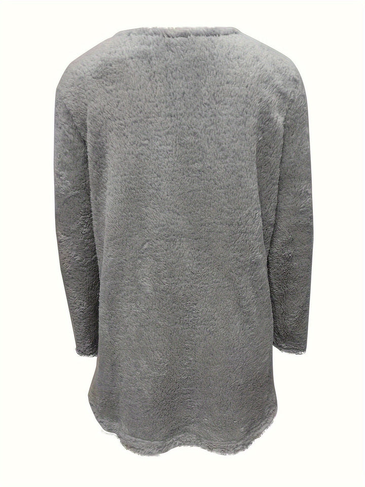 Grauer Fleece-Pullover, langärmelig, weiches Material, gemütlich, Damenmode, Rückansicht.