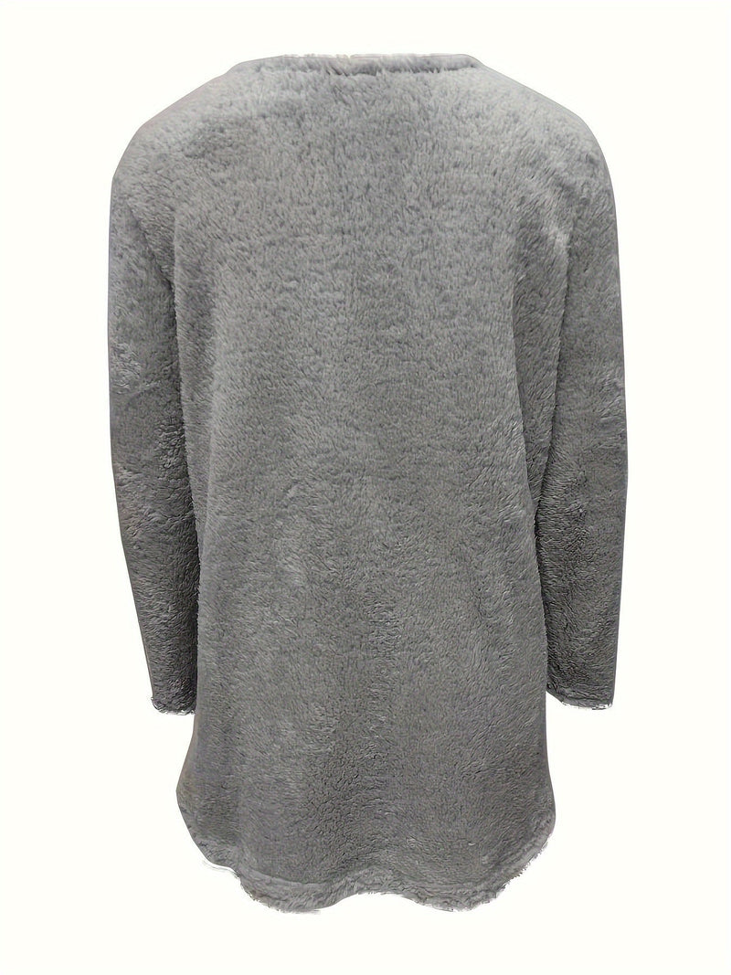 Grauer Fleece-Pullover, langärmelig, weiches Material, gemütlich, Damenmode, Rückansicht.